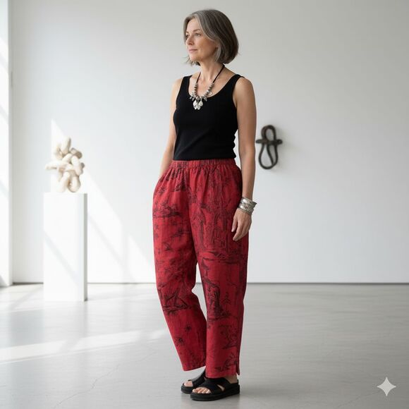 Kleen Womens Linen Wide Leg Pants L Red Asian Inspired Crop Pull On Lagenlook - Picture 1 of 8